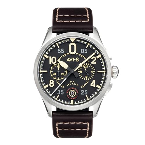 AVI-8 Mens 42mm Spitfire Lock Chronograph Midnight Oak Japanese Quartz Pilot Watch with Leather Strap AV-4089-01