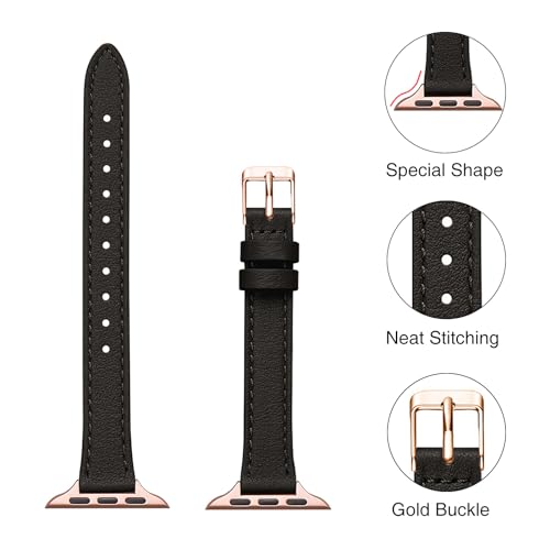 STIROLL Slim Leather Bands Compatible with Apple Watch Band 38mm 40mm 41mm 42mm(Series 11 10), Top Grain Leather Watch Thin Wristband for iWatch SE 9 8 7 6 5 4 3 2 1 (Black Rose Gold)