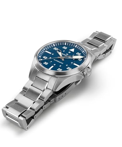 Hamilton Khaki Aviation Pilot Automatic Men's Watch, 39mm Stainless Steel Case, Swiss Made, Blue Dial Analog Wrist Watch, 100m Waterproof, Sapphire Crystal, 3-Hand Movement, Stainless Steel Strap