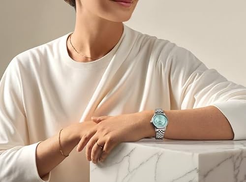 Bulova Ladies Quartz Dress Classic Watch, Silver-Tone Stainless Steel Bracelet, Aqua Dial, Calendar Style: 96P259