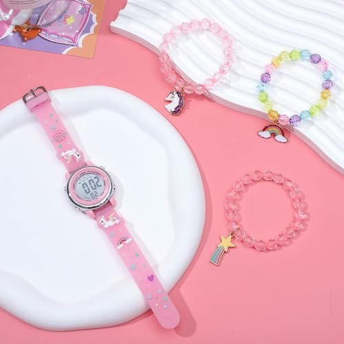 NEWITIN 4 Pieces Girls Watch Bracelets Set Multifunctional 7 Color Lights Digital Sport Alarm Stopwatch 3D Waterproof Unicorn Watch Jewelry Set for Girls 3-10 Years Old Kids