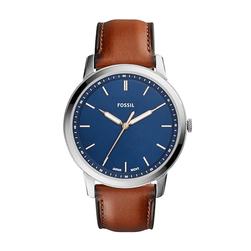 Fossil Men's Minimalist Quartz Stainless Steel and Brown Leather Three-Hand Watch for Men, Color: Silver, Luggage