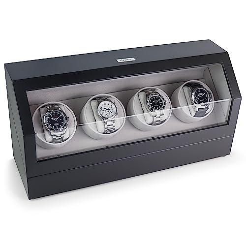 Heiden Quad Watch Winder in Matte Black - Japanese Motor - AC Adapter Included - Independent Settings - 12 Multiple Settings - Zero Magnetization - Automatic Watch Winder for Rolex