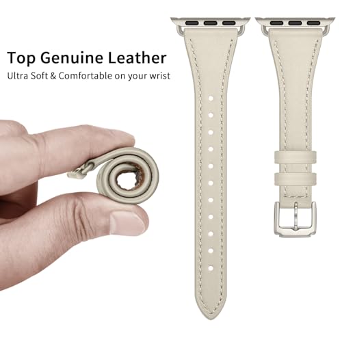 XCCYBTT Slim Leather Bands Compatible with Apple Watch Band 42mm 41mm 40mm 38mm, Genuine Leather Replacement Strap for iWatch Series 11/10/9/8/7/6/5/4/3/2/1 SE 3/2/1 Women, Starlight/Starlight