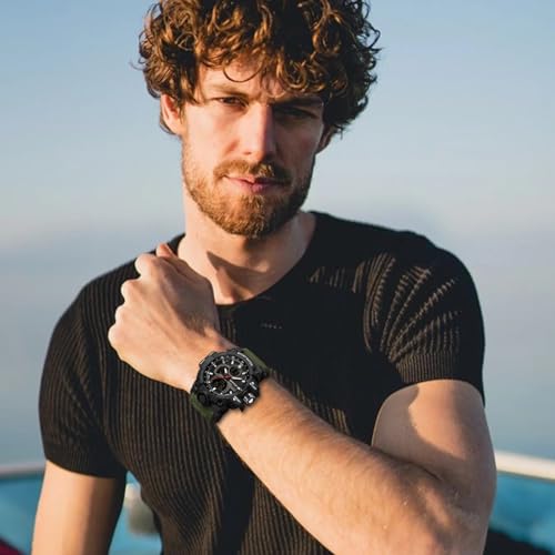 FANMIS Men's Solar Powered Casual Quartz Wrist Watch Analog Digital Multifunctional Black Sports Watch (X Army Green)