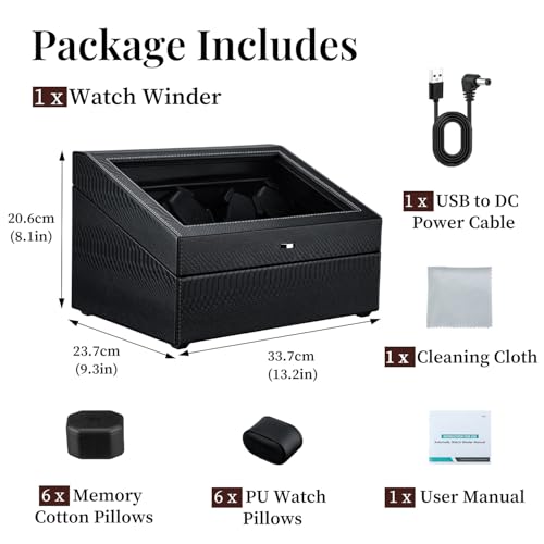 Mcbazel Watch Winder for Automatic Watches, 6 Watch Winder + 6 Storage Case, Watches Winder Box with Super Quiet Motor, Blue LED Light, Memory Foam Pillows, Gift for Men & Women - Black