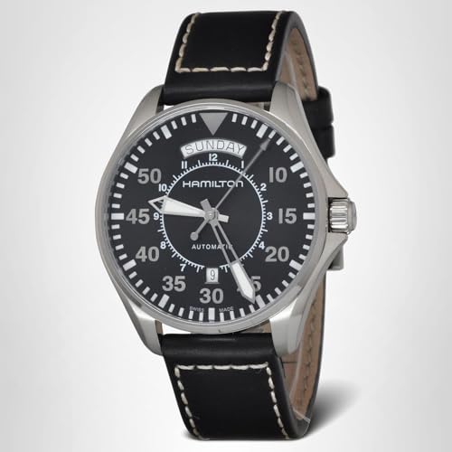 Hamilton Khaki Aviation Automatic Men's Watch, 42mm Stainless Steel Case, Swiss Made, Black Dial Analog Wrist Watch for Men, 100m Waterproof, Sapphire Crystal, Calf Leather Strap