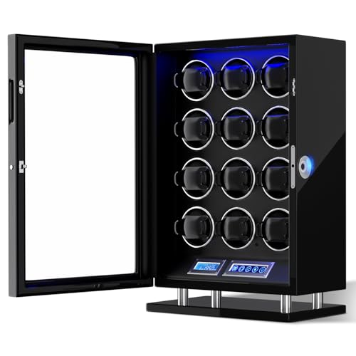 DUKWIN Watch Winder for 12 Automatic Watches, Fingerprint Lock Watch Winders with LCD Touchscreen, Blue LED Light, Remote Control,Adjustable Pillow and Quiet Motor for Universal Watches, 5TPD