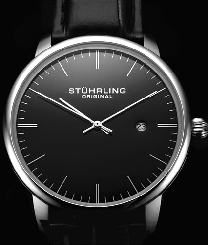 Stuhrling Original Men’s Watch Black Dial Dress Watch 40mm, Ultra Slim Mens Watch Black Leather Strap, Quartz Analog Men’s Wrist Watch, Classic Minimalist Watch for Men