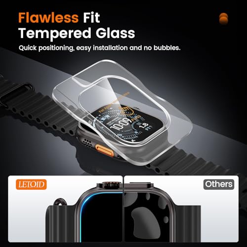 LETOID 3 in 1 Metal Case for Apple Watch Ultra 3 /Ultra 2 /Ultra Screen Protector 49mm, Stainless Steel Protective Bumper, Hard PC Back Cover and 9H Tempered Glass Film for iWatch Ultra - Black