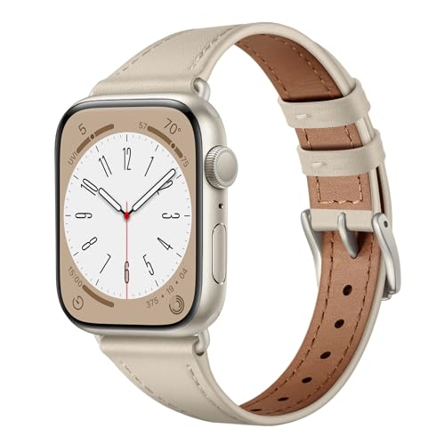 XCCYBTT Slim Leather Bands Compatible with Apple Watch Band 42mm 41mm 40mm 38mm, Genuine Leather Replacement Strap for iWatch Series 11/10/9/8/7/6/5/4/3/2/1 SE 3/2/1 Women, Starlight/Starlight