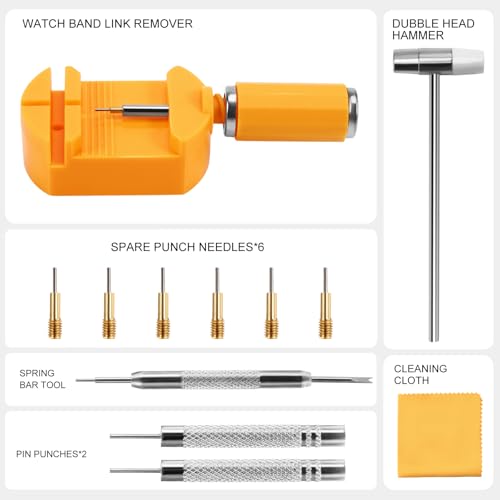 HECHIO 12 Pieces Watch Link Removal Kit，Professional Watch Band Replacement Tool，1 Double Head Hammer, 6 Spare Pins，Watch Pin Remover Sizing Strap