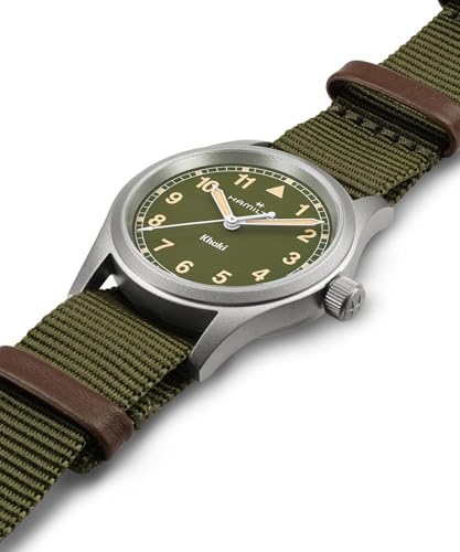 Hamilton Khaki Field Khaki Quartz Men's Watch, 33mm Stainless Steel Case, Swiss Made, Green Dial Analog Wrist Watch for Men, 50m Waterproof, Sapphire Crystal, Textile Strap