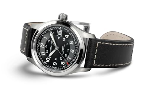 Hamilton Khaki Field Automatic Men's Watch, 38mm Stainless Steel Case, Swiss Made, Black Dial Analog Wrist Watch for Men, 100m Waterproof, Sapphire Crystal, 3-Hand Movement, Cow Leather Strap