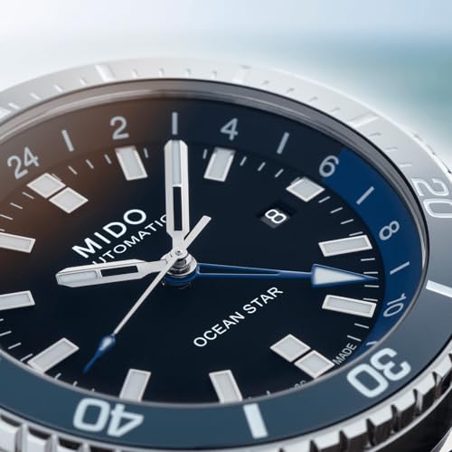 MIDO Ocean Star GMT - Swiss Automatic Watch for Men - 44mm Stainless Steel Case with Black Ceramic Rotating Bezel - Black Dial - Blue Fabric Strap - M0266291705100