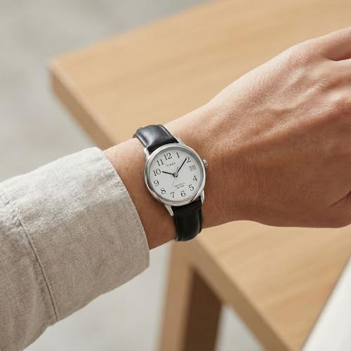 Timex Women's Easy Reader 25mm Watch – Silver-Tone Case White Dial with Black Leather Strap