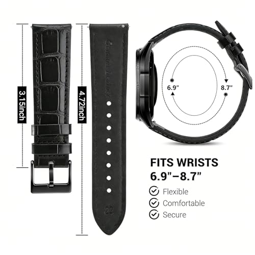 Korwuira 22mm Premium Leather Watch Band for Men, Alligator-Embossed, Black