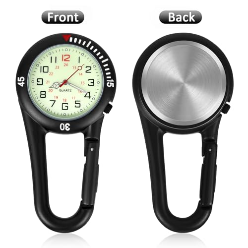 Hicarer 2 Pieces Clip on Quartz Watch Backpack Fob Belt Glow in The Dark Unisex Pocket Watch with White Dial for Doctors Nurses Outdoor Activities(Black, Silver)