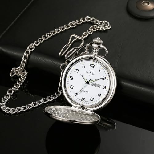 BOSHIYA Smooth Quartz Pocket Watch for Men Classic Arabic Digital Luminous Dial with Day Date and Chain Christmas Graduation Birthday Gift Silver