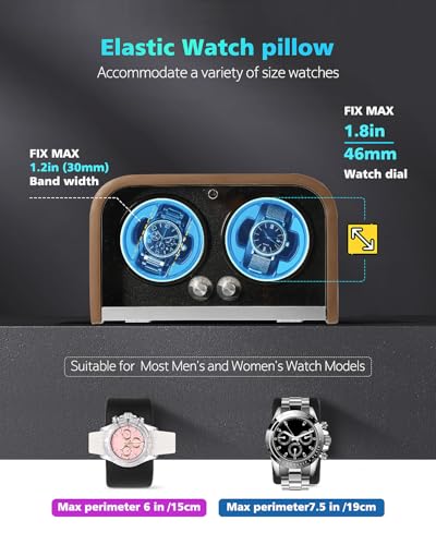 Clewcks Watch Winder for Automatic Watches, Watch Winders Box for Rolex,Double Japanese Silent Motor, 4 Rotation Mode Setting, Blue Light, Plug-in or 2 * AA Batteries (not included), Gift for man