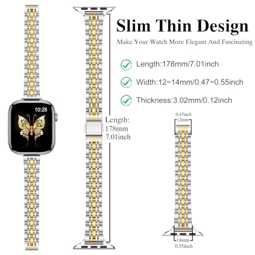 MioHHR Slim Metal Band Compatible with Apple Watch Band 42mm(Series 11 10) 41mm(Series 9 8 7) 40mm(Series 6 5 4 SE3/2/1) 38mm(Series 3 2 1),Stainless Steel iWatch Bands for Women,Silver/Gold