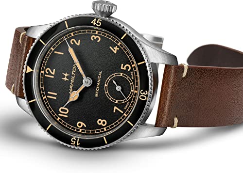Hamilton Khaki Aviation Pilot Mechanical Men's Watch, 43mm Stainless Steel Case, Swiss Made, Black Dial Analog Wrist Watch for Men, 100m Waterproof, Sapphire Crystal, Calf Leather Strap
