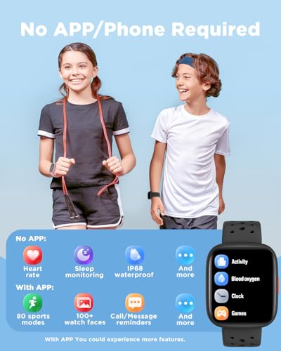 BIGGERFIVE Smart Watch for Kids, 1.8" Fitness Tracker Watch Pedometer, Heart Rate, Sleep Monitor, IP68 Waterproof, Calorie Step Counter, Puzzle Games with/Without APP for Girls Boys Teens 5-16, Black
