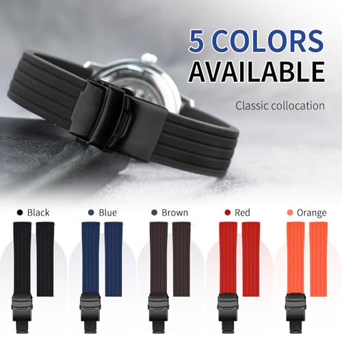 ULLCHRO Silicone Watch Strap Replacement Rubber Watch Band Waterproof Stripe Pattern - 16mm, 18mm, 20mm, 22mm, 24mm Watch Bracelet with Stainless Steel Deployment Black Buckle (22mm, Black02)