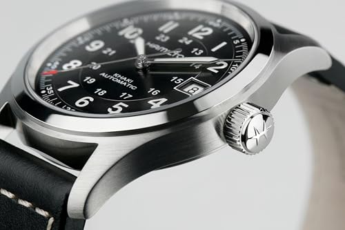 Hamilton Khaki Field Automatic Men's Watch, 38mm Stainless Steel Case, Swiss Made, Black Dial Analog Wrist Watch for Men, 100m Waterproof, Sapphire Crystal, 3-Hand Movement, Cow Leather Strap