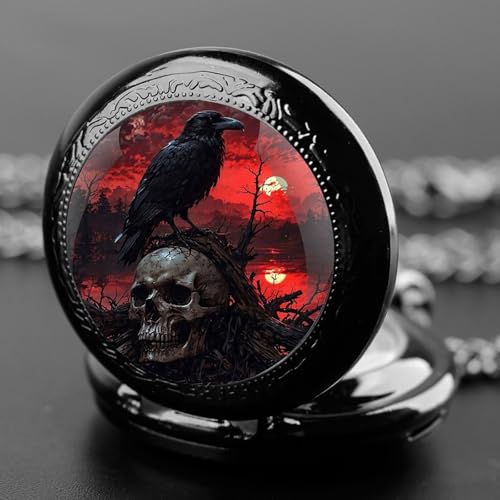 YIHAOYH Vintage Pocket Watch for Women Men Graphic Design Quartz Pocket Watches with Chain Pendant Christmas Birthday Gift with Box (Skull Crow 02)