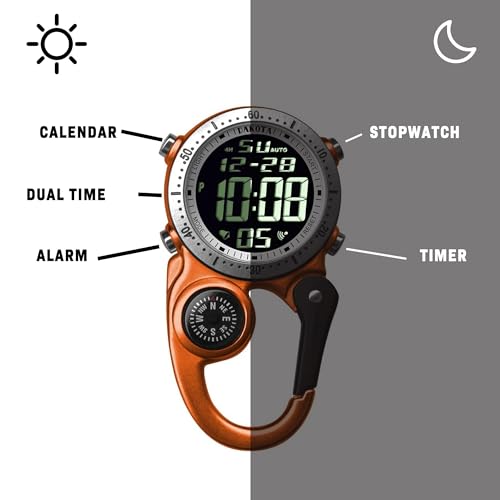 Dakota Digital Backpacker Clip, Fob and Pocket Watch, Alarm, Stopwatch, Timer and Dual Time, Outdoor Gifts for Men and Women, Tactical Digital Watch