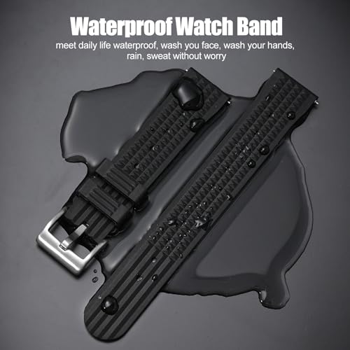watchdives Rubber Waffle Watch Band, Fast Release Soft Rubber Watch Strap Waterproof Replacement Watchbands with Two Fixing Loops for Men & Women (Black-Fast Release, 22mm)