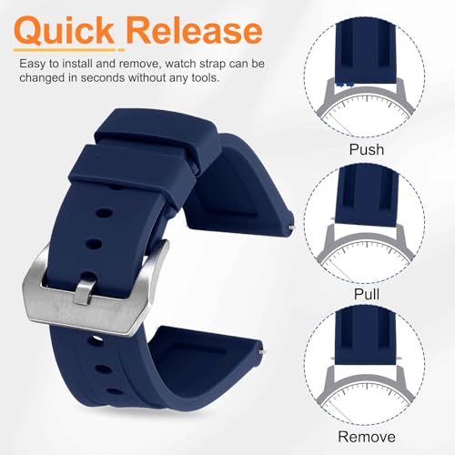 HARFINGTON Silicone Watch Bands 26mm Width Waterproof Quick Release Rubber Watch Bands with Silver Buckle for Men Women, Dark Blue