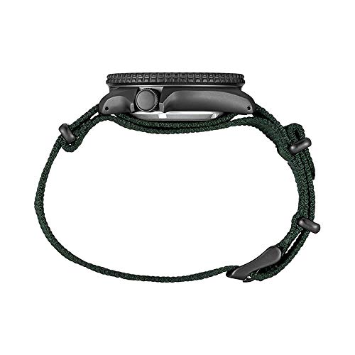 SEIKO SRPD91 Watch for Men - 5 Sports - Automatic with Manual Winding Movement, Black Dial with Black Bezel, Black Ion Stainless Steel Case, Green Nylon Strap, and Day/Date Display