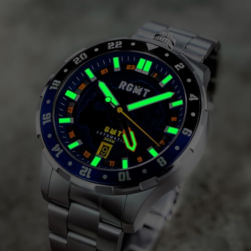 RGMT Men's 46mm Globemaster GMT Automatic Mission Blue Watch with Solid Stainless Steel Bracelet RG-8067-44