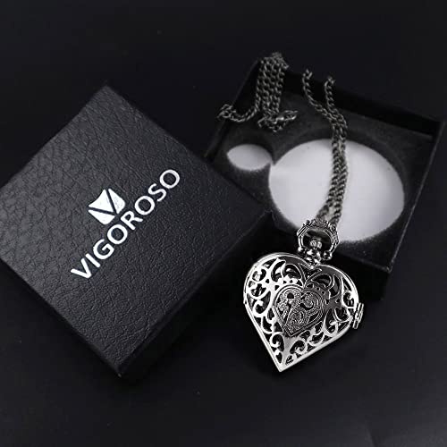VIGOROSO Women's Pocket Watch, Analog Display, Quartz Movement, Silver Stainless Steel, Heart Pendant Necklace, Unisex Accessory, Valentines Day Gifts