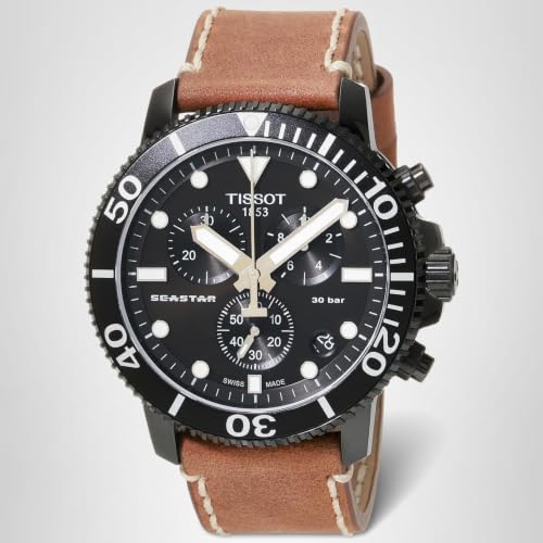 Tissot Mens Seastar 1000 Chronograph 316L Stainless Steel case with Black PVD Coating Quartz Watch, Beige, Leather, 22 (T1204173605100)