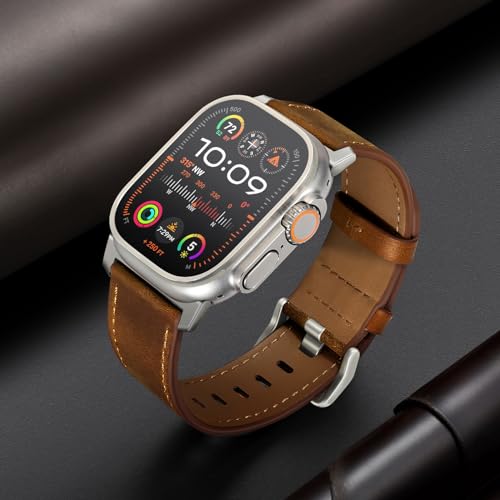 UUPWPOKT Leather Band Compatible with Apple Watch Ultra 3/2/1 Band 49mm 46mm 45mm 44mm 42mm Men, Genuine Leather Strap for iWatch Ultra Series 11 10 9 8 7 6 5 4 3 2 1 SE 3/2/1, Retro Brown/Titanium