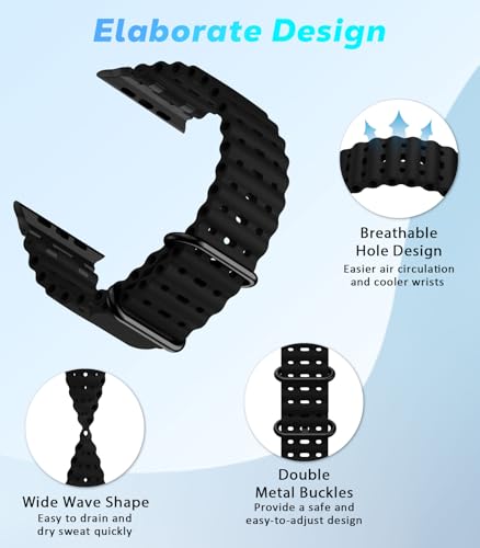 Astorgos Upgraded Ocean Band Compatible with Apple Watch Ultra 3/2/1 49mm,S11/S10 46mm,9/8/7 45mm,SE3/SE2/SE/6/5/4 44mm,3/2/1 42mm, Metal Connector Breathable Sport Watch Strap, Black/Black