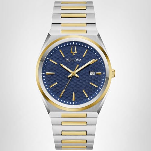 Bulova Mens Classic Quartz Two Tone Stainless Steel Watch, Blue Pattern Dial, Style:98B443