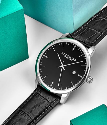 Stuhrling Original Men’s Watch Black Dial Dress Watch 40mm, Ultra Slim Mens Watch Black Leather Strap, Quartz Analog Men’s Wrist Watch, Classic Minimalist Watch for Men