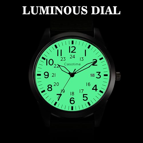 Casotime Tactical Military Watch for Men Field-Tested Analog Quartz with Green Luminous Dial 30M Water Resistant Black Case Green Nylon Band & Second Hand | Unisex Army Sport Wristwatch