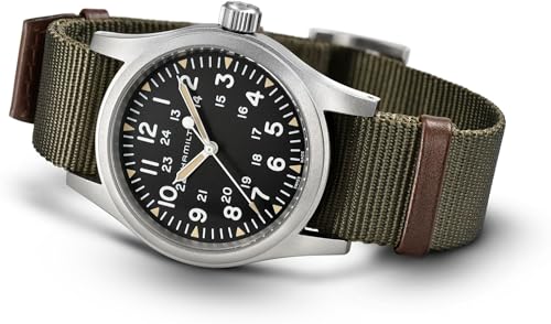 Hamilton Khaki Field Mechanical Men's Watch, 38mm Stainless Steel Case, Swiss Made, Black Dial Analog Wrist Watch for Men, 50m Waterproof, Sapphire Crystal, Textile Strap