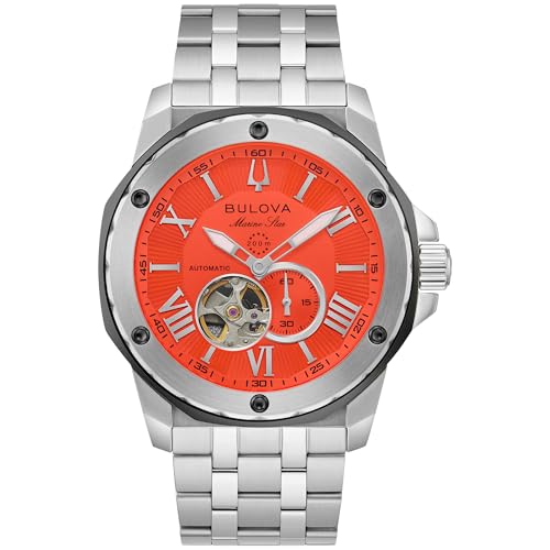 Bulova Men’s Automatic Marine Star Series A, Silver-Tone Stainless Steel Case with a 44mm Orange Heartbeat Dial (Style: 98A333)