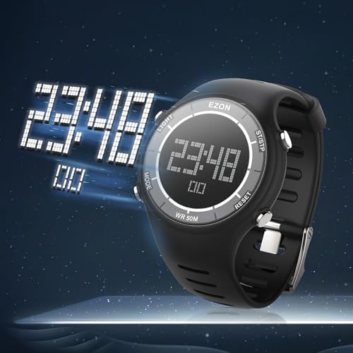 EZON Digital Watch with Stopwatch Countdown Timer Alarm EL Backlight,Ultra-Thin Large Display 5ATM Waterproof Digital Wrist Watches for Men Women