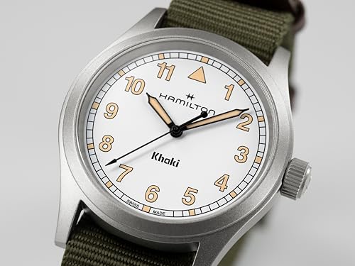 Hamilton Khaki Field Khaki Quartz Men's Watch, 38mm Stainless Steel Case, Swiss Made, White Dial Analog Wrist Watch for Men, 50m Waterproof, Sapphire Crystal, Textile Strap