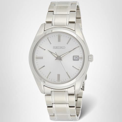 Seiko SUR307 Watch for Men - Essentials - Silver Dial with Sunray Finish, Date Calendar, LumiBrite Hands, Stainless Steel Case & Bracelet, and 100m Water Resistant