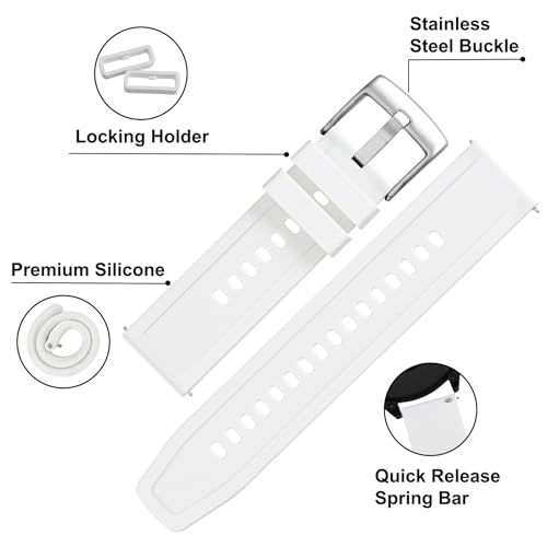 BISONSTRAP 20mm Silicone Watch Bands, Flexible Rubber Watch Straps for Men and Women, White with Silver Buckle