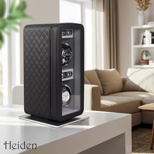 Heiden Monaco Double Watch Winder in Black Leather - Battery Powered or AC Adapter, 12 Program Settings, Diamond Stitched Vegan Leather, Soft Linen Interior, Large Interior Space for Large Watches