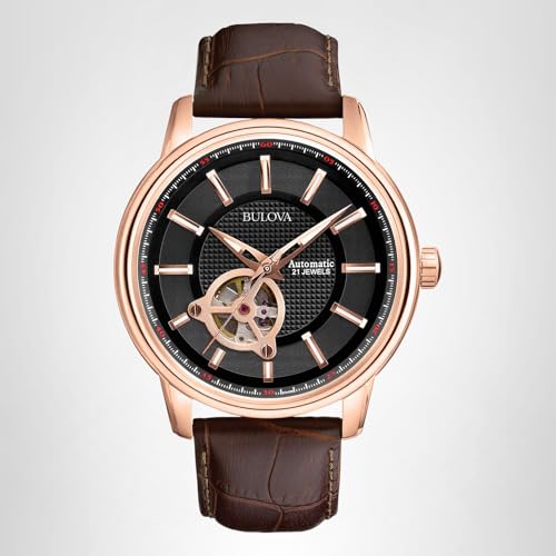 Bulova Men's Classic 3-Hand Automatic Leather Strap Watch, 21-jewels, Hack Feature, Luminous Hands and Markers,Open Aperture and Exhibition Case Back Style: 97A109